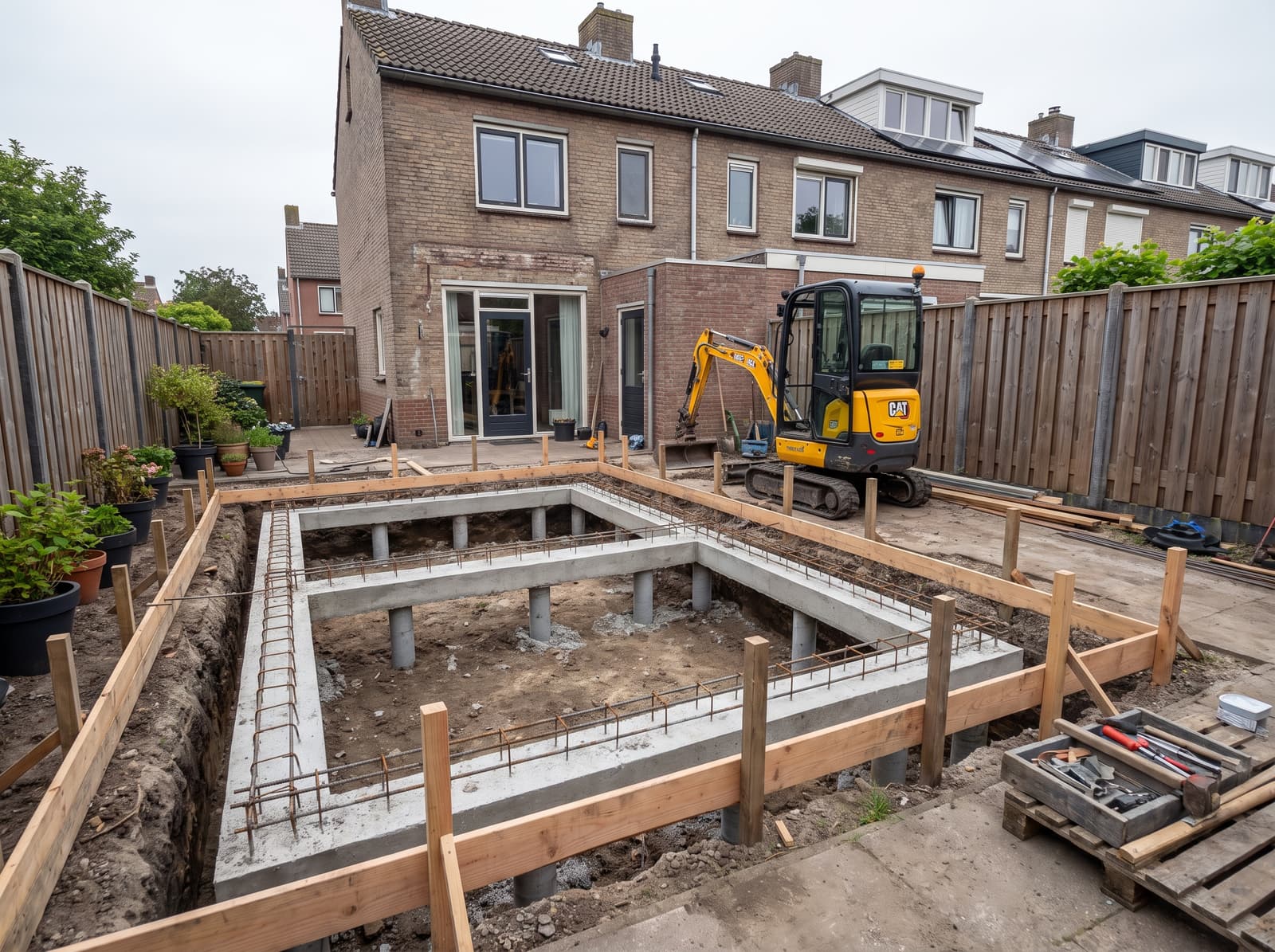 Funderingsbalken op heipalen in een achtertuin
